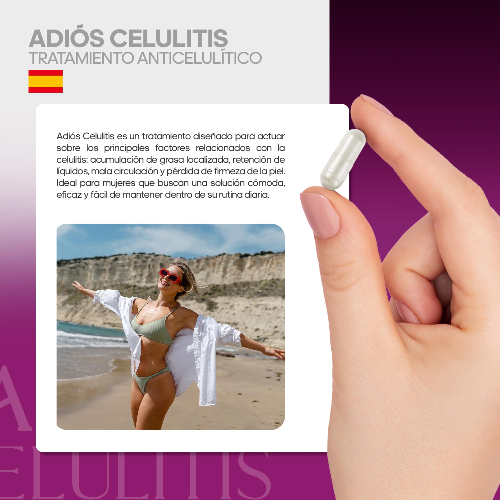 Adiós Celulitis Healthy Fusion | Anticelulítico Reductor Potente con L-Carnitina, Castaño de Indias, CLA, Cafeína, Cacao | Elimina celulitis y piel de naranja | Reafirma y tonifica la piel | 100 Caps
