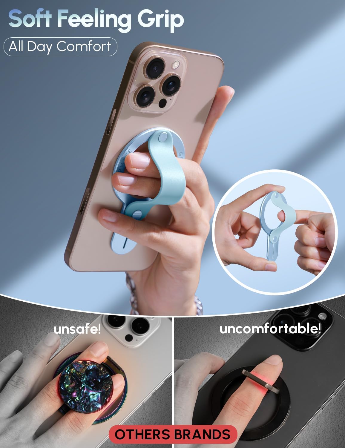 for Magsafe Phone Grip for iPhone - Magnetic Phone Ring Holder Detachable for iPhone 17 - Comfortable Finger Phone Loop Grip for Apple 16/15/14/13/12,Blue