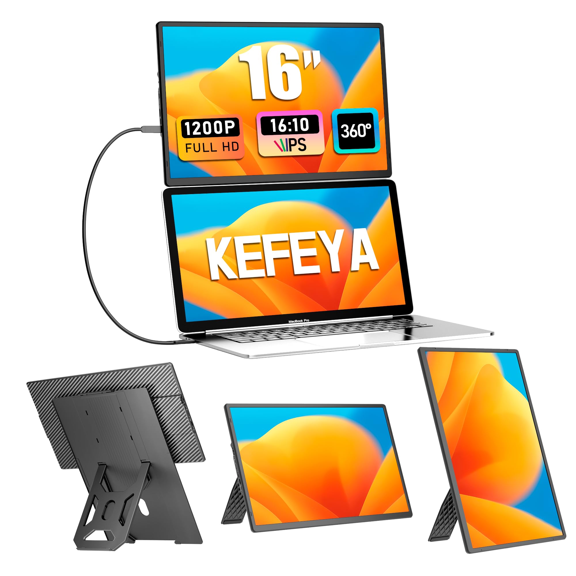KEFEYA Laptop Screen Extender - 16" FHD 1200P IPS Portable Monitor for Laptops Detachable, Dual Monitor Portable Screen for Laptop with USB-C/MINI HDMI Port Plug n Play Windows/Mac/Android