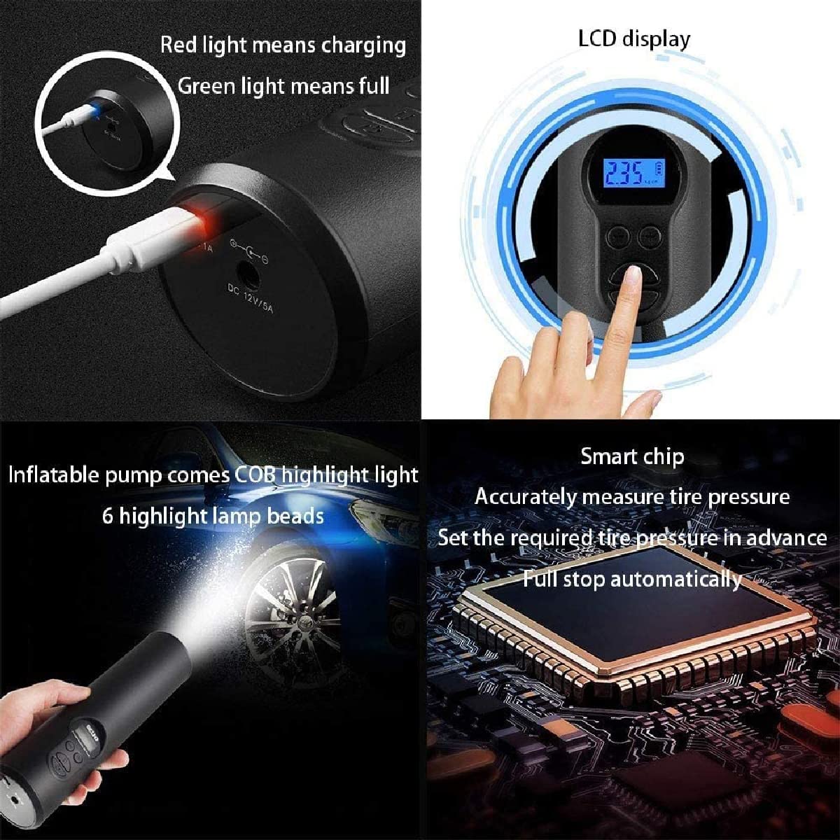 Pompa elettrica per Bici, Mini gonfiatore per Pneumatici 150PSI / 2000mAh Caricatore di Backup per Batteria Display LCD Digitale a Luce LED, per Pneumatici per motociclette per Bici da Auto