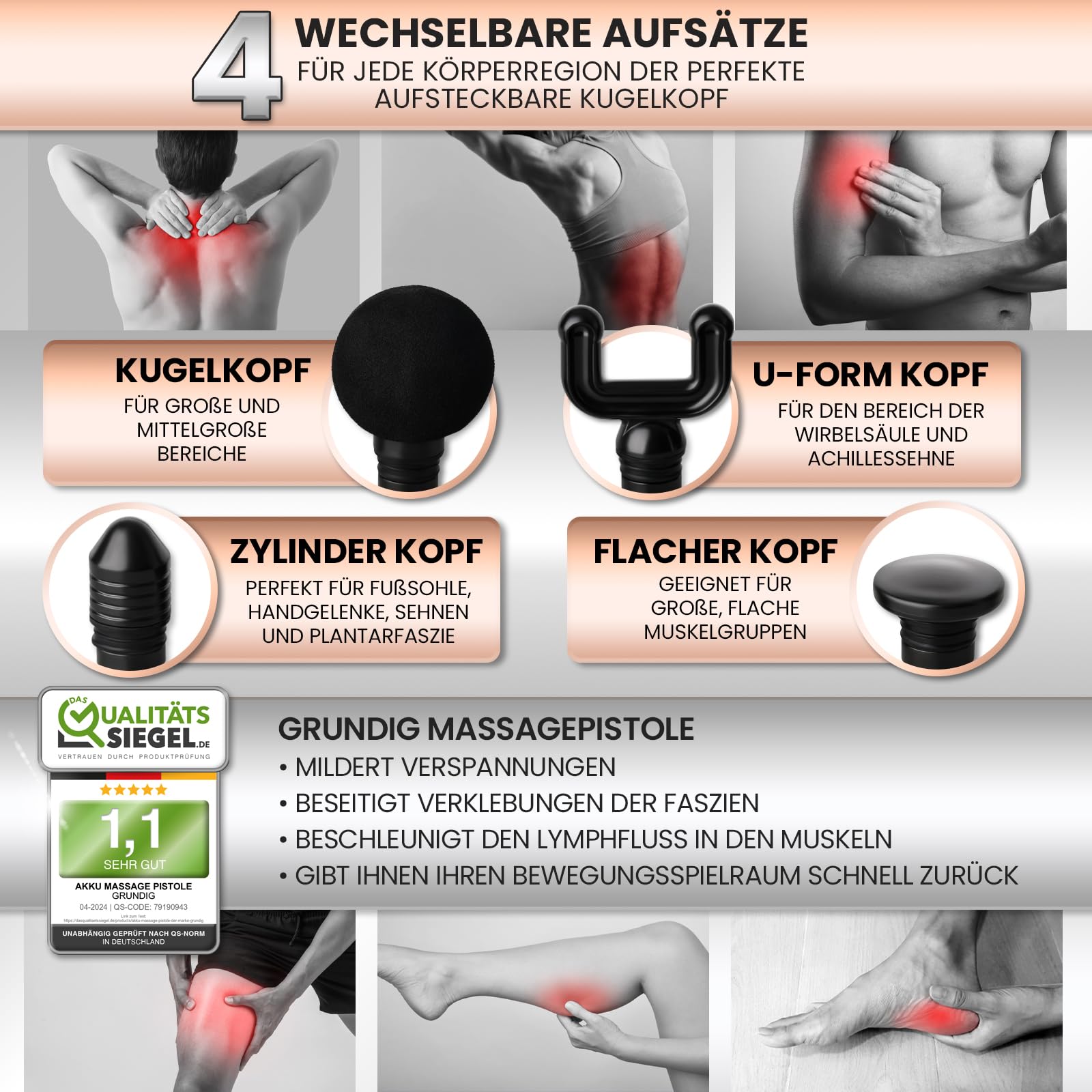GRUNDIG Massagepistole Massagegerät mit TIEFENWÄRME - kompakte Akku Massage Pistole mit 4 Heizstufen und 32 Massagestufen für Zuhause, Büro und Unterwegs - Massage Gun für Rücken Nacken Schulter