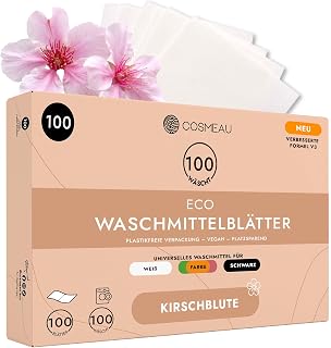 Cosmeau Waschmittel Blätter Kirschblüte – Bis zu 100 Waschgänge (100 Blätter) – Waschmittel für Weiß, Bunt & Schwarz – Biologisch abbaubar & perfektes Reisewaschmittel