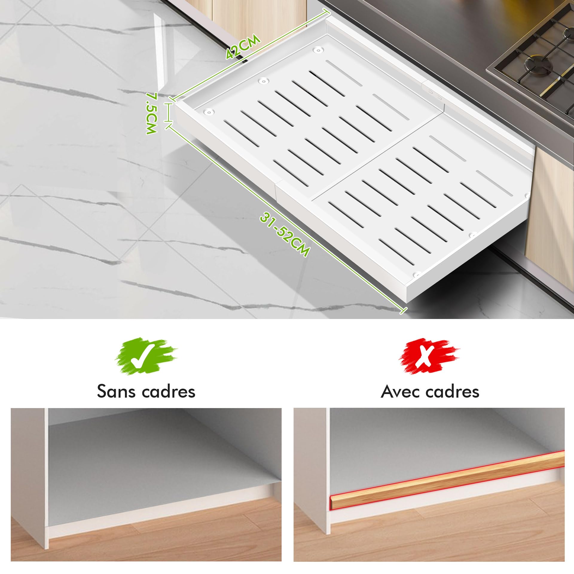 Mimoke Organisateur de placard extensible - Tiroir de cuisine télescopique avec colle - Organisateur de tiroirs de rangement pour cuisine/salle de bain (blanc, largeur 31 à 52 cm, profondeur 42 cm)