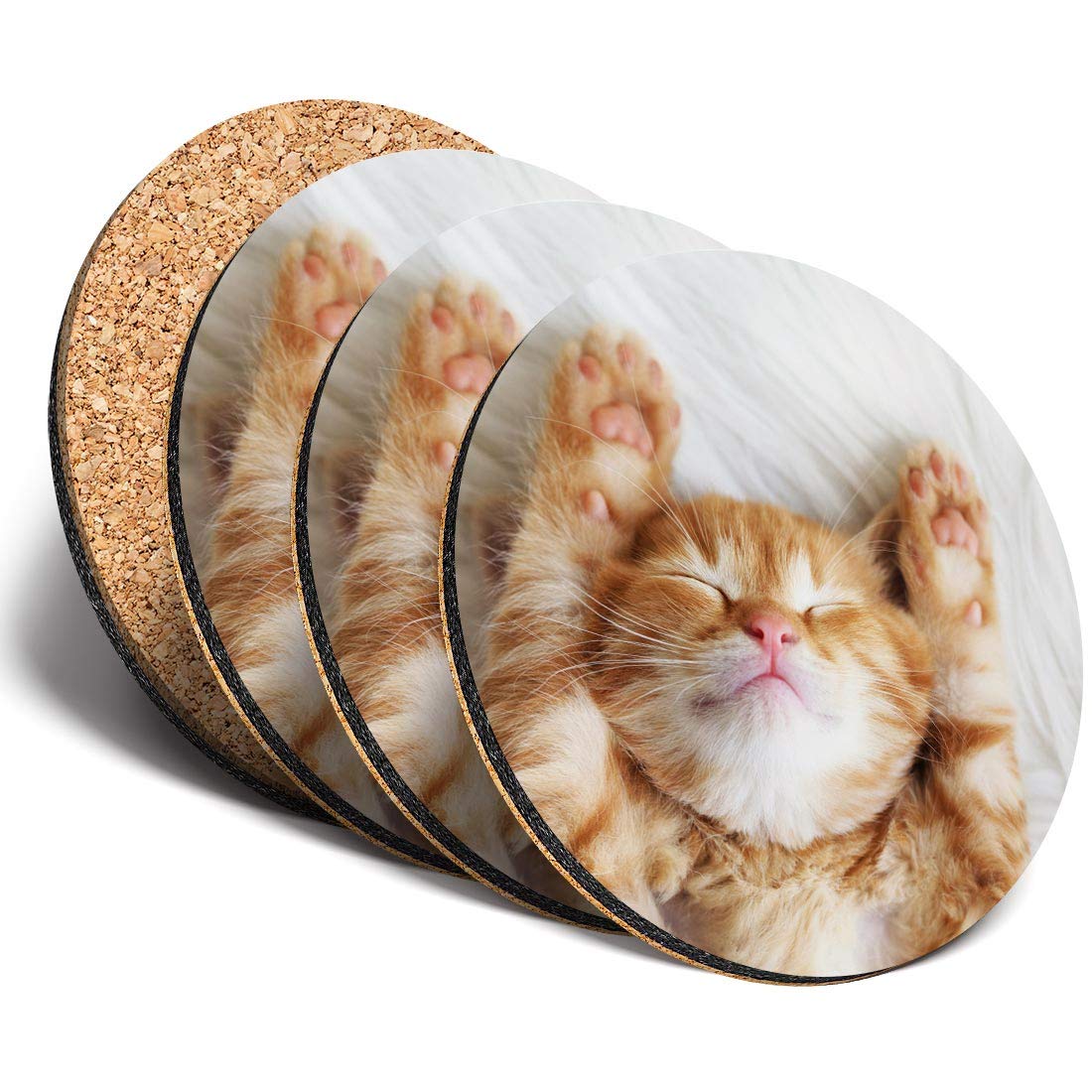 Destination Vinyl Ltd Multicolor Great Coasters (Set Of 4) Round - Cute Sleeping Ginger Cat Kitten Drink Glossy Coasters/Tabletop Protection For Any Table Type #13113