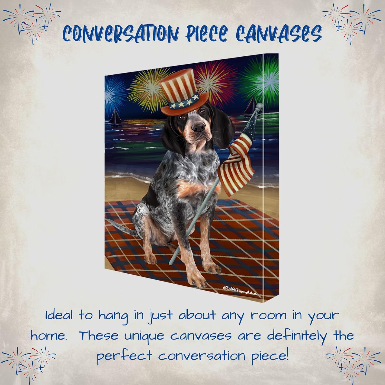 4th July Fireworks with Bluetick Coonhound Dogs Canvas Wall Art - Premium Quality Ready to Hang Room Decor - Black Floating Framed 16" x 16"