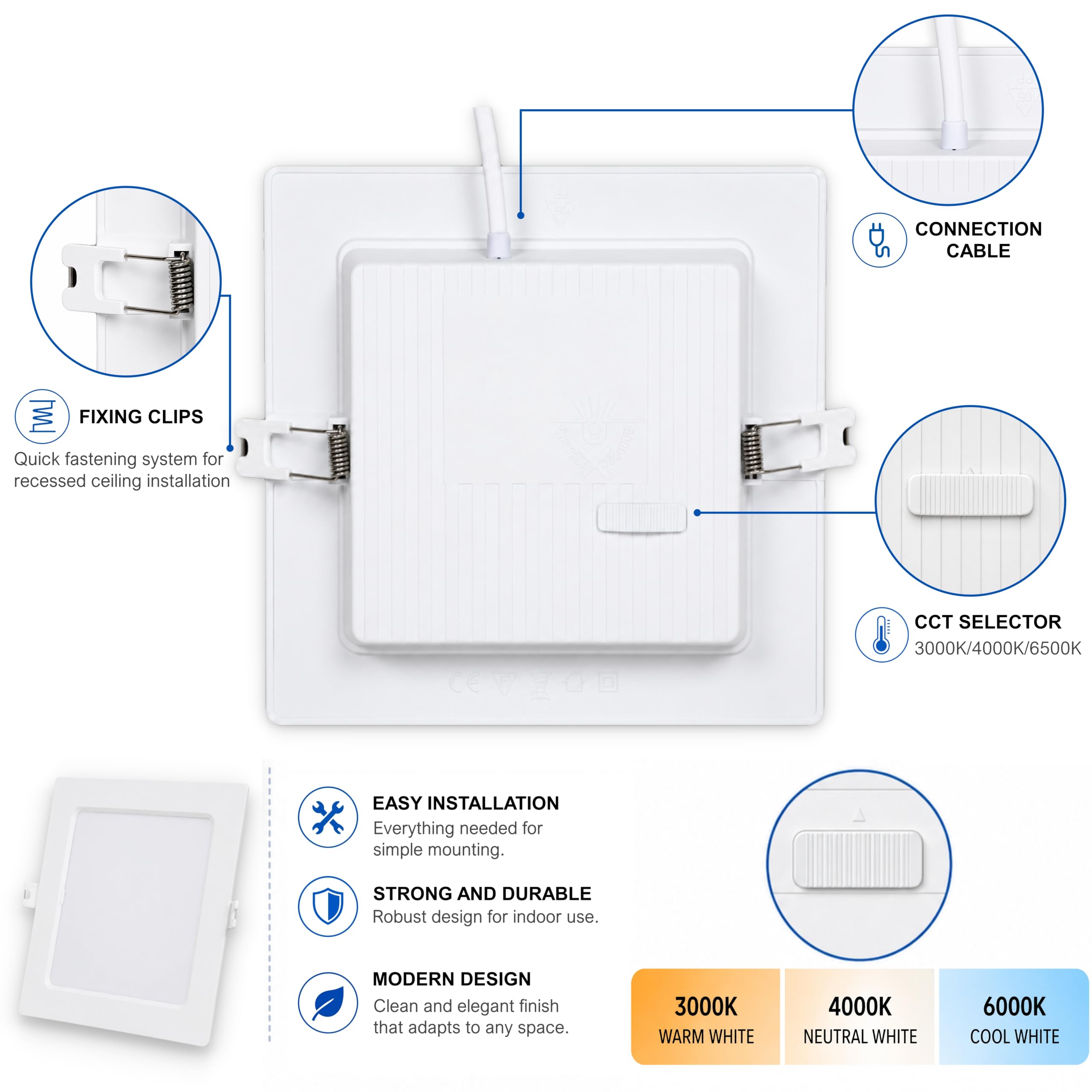 CLAR – Faretto quadrato da incasso 12 W, Downlight per bagno, lampadario moderno per ufficio o camera da letto, CCT (3000ºk-4000ºk-6500ºk) (Pack 10)
