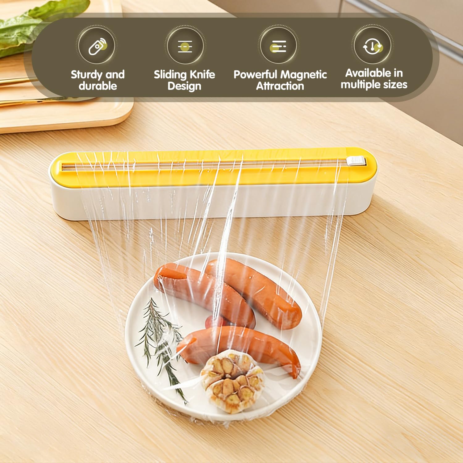 Magneétique Coupe Film Alimentaire - Élégant blanc et jauneDistributeur & Dérouleur Pour Papier Aluminium Et Film Alimentaire, Pratique Coupe Lisse Sans Perçage, Organisateur De Cuisine
