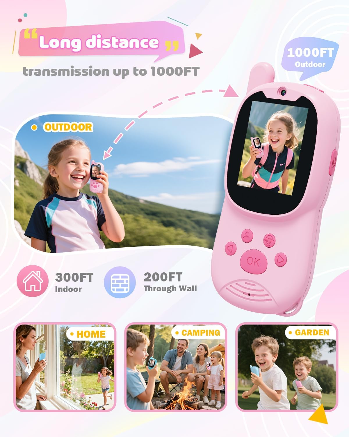 Video walkie talkies for Kids,2 Pack Rechargeable Kids Walkie Talkies can Send Messages,Christmas Birthday Gifts for Kid Age 3-12,Portable Toddler Toy for 4 5 6 7 8 9 Year Old Girls Boys Pink