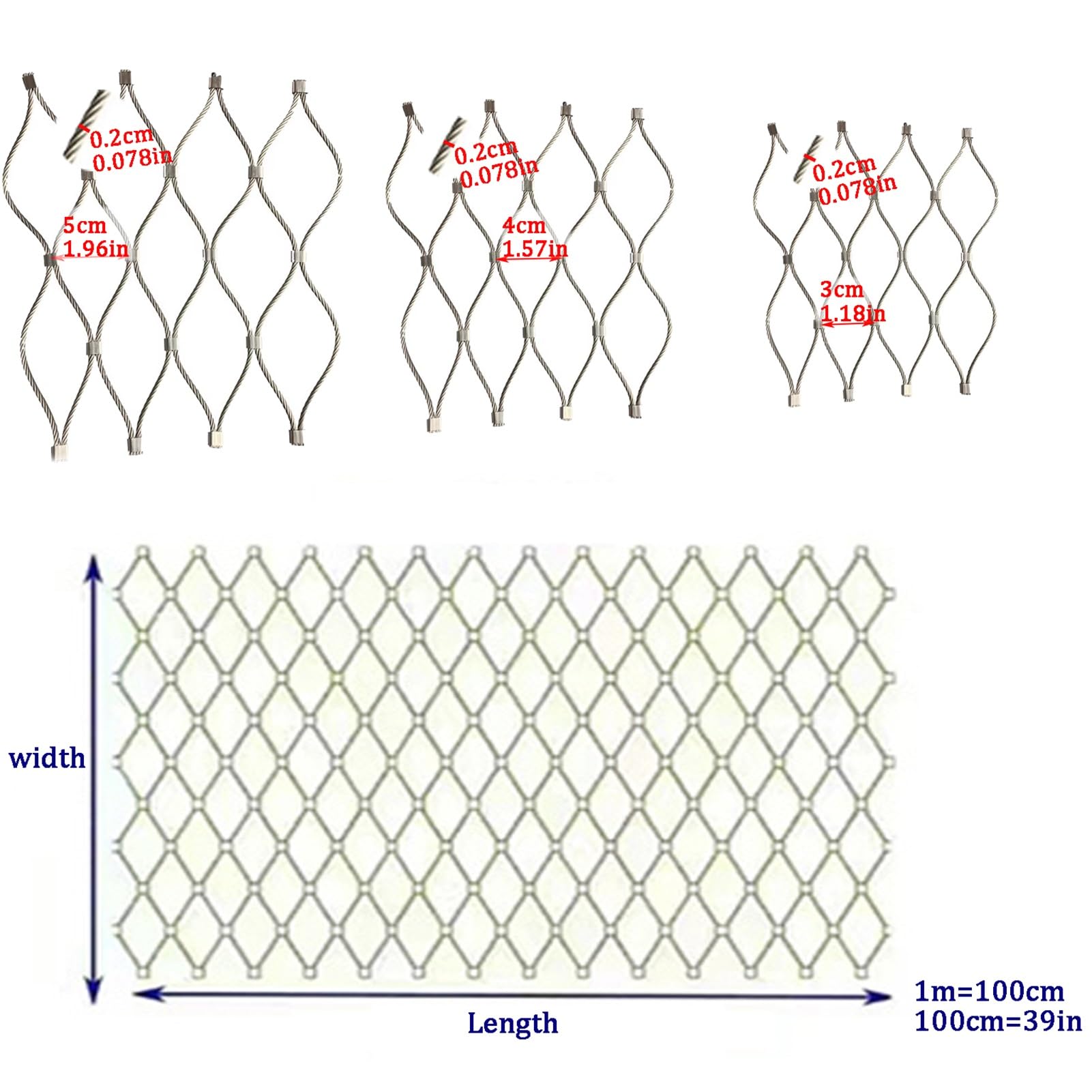 Grillage en acier inoxydable 3 x 8 m – Solution de sécurité flexible anti-chute pour les fermes et la volaille, facile à couper, clôture métallique tissée durable, ouvertures de 3 cm, finition