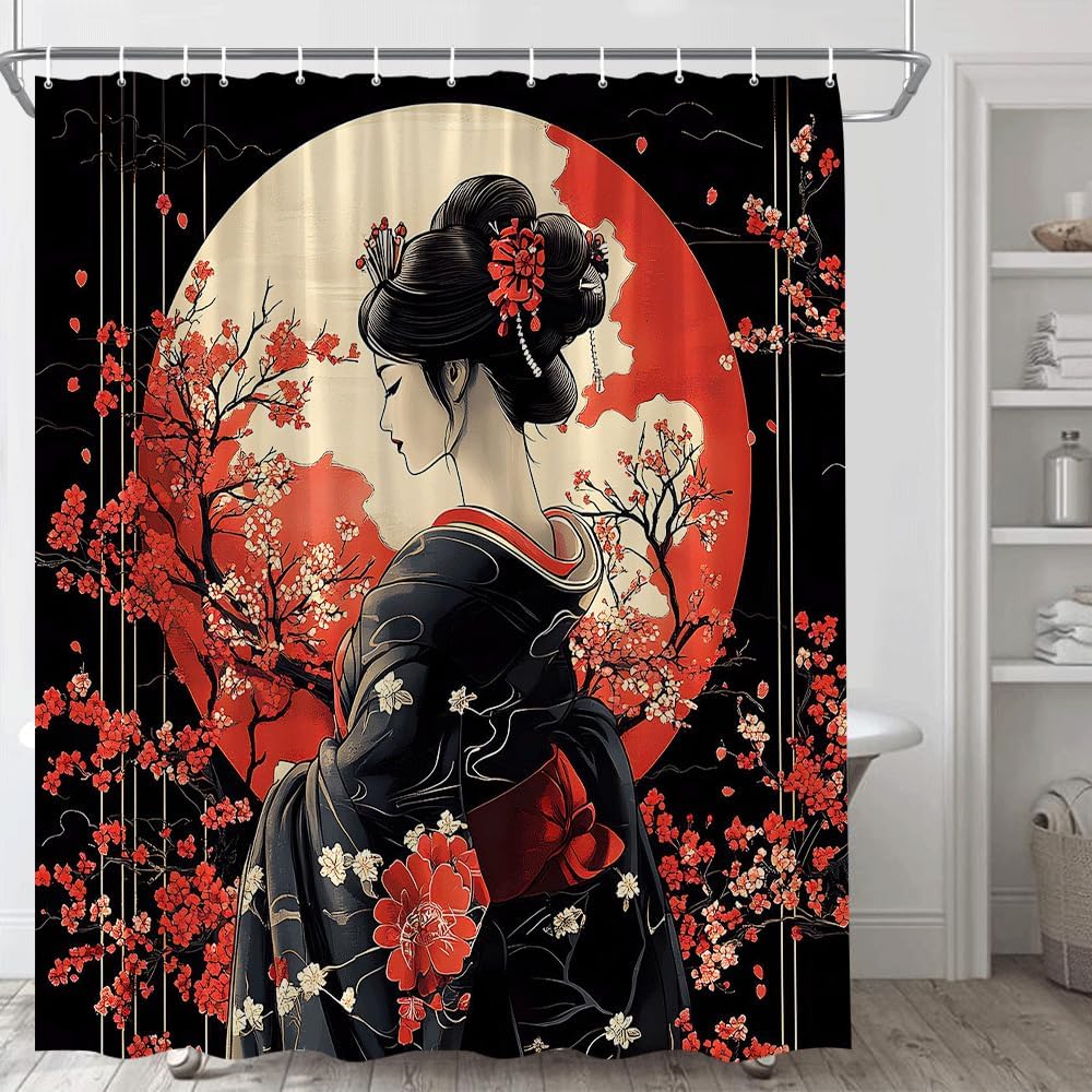 Japanese Geisha Shower Curtain Red Cherry Blossoms Floral Sun Oriental Woman Traditional Japan Girl Asian Spring Scenery Black Bathroom Decor Fabric Curtain with Hooks