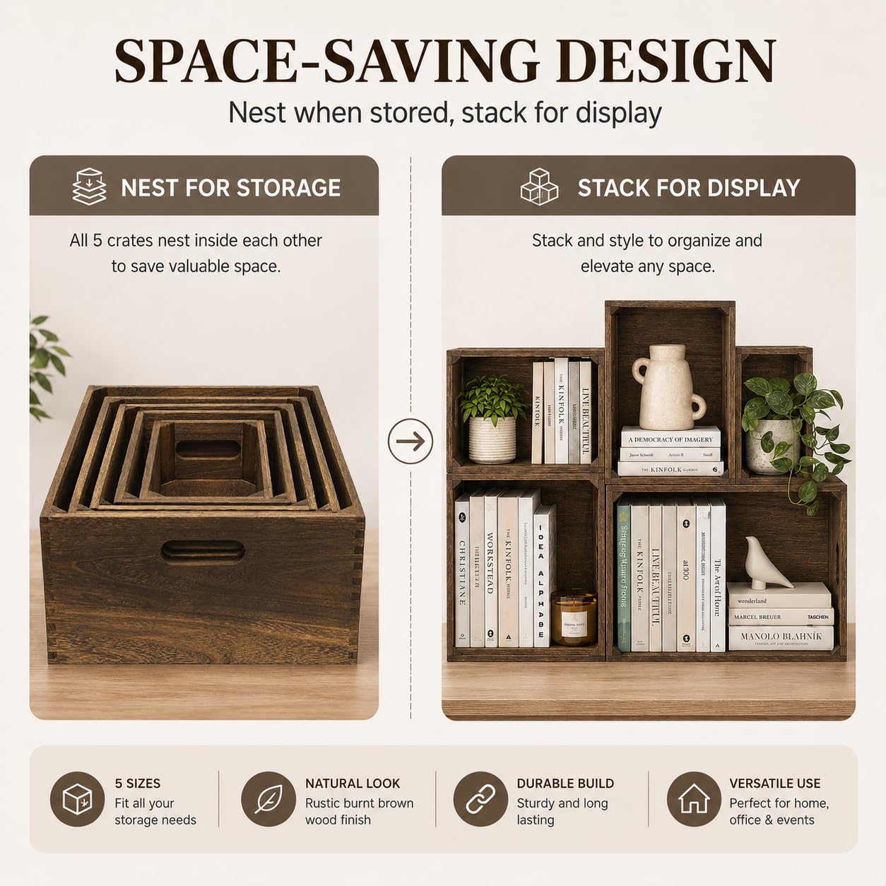 Cajas de madera para exhibición, paquete de 5 cestas de madera rústicas extragrandes con asa, caja de madera de granja para almacenamiento y contenedor, cesta de madera multiusos para