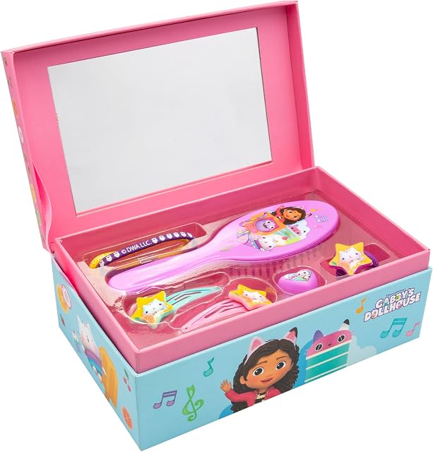 Joytoy Gabby's Dollhouse szkatułka na biżuterię z akcesoriami: szczotka, 2 spinki do włosów, pierścionek, 2 elastyczne paski, opaska na włosy 18 x 11,5 x 7 cm