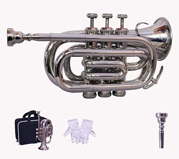 Sai Musicals Pocket Trumpet Bb Pitch in Nickel Finish, Student Horn Trumpet for Beginners with Carrying Hard Case & Mouthpiece, Gifting Option for Birthdays, Christmas & Thanksgiving Silver