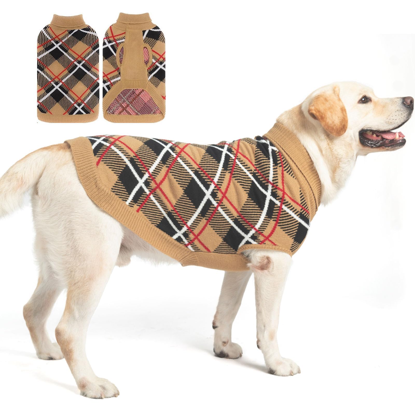 EXPAWLORER Plaid Knitted Dog Jumper Turtle Neck, Beige L