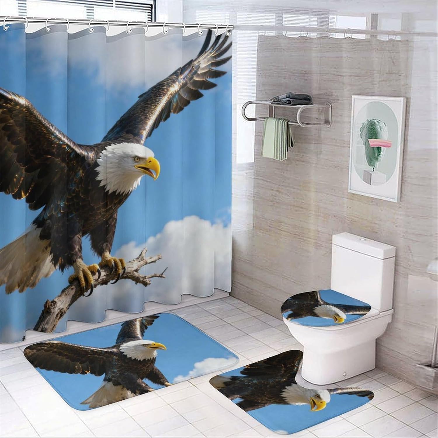 4 Piece Bathroom Rug Set with Shower Curtain, Non-Slip Bath Mat Toilet Cover Set, Eagle Spreads Wings Bathroom Rug Sets
