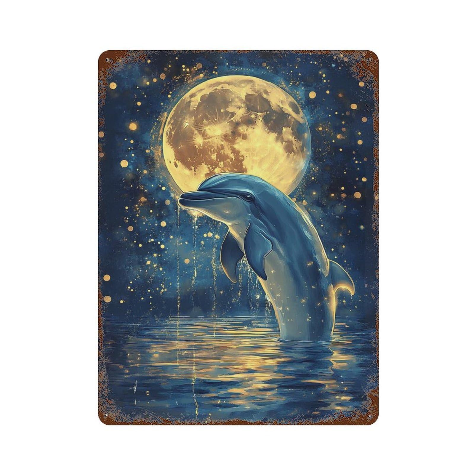 Garage Style Dolphin Under Moonlight Vintage Rust Metal Sign 15.7"x11.8", Shabby Chic Decor for Bar And Workshop