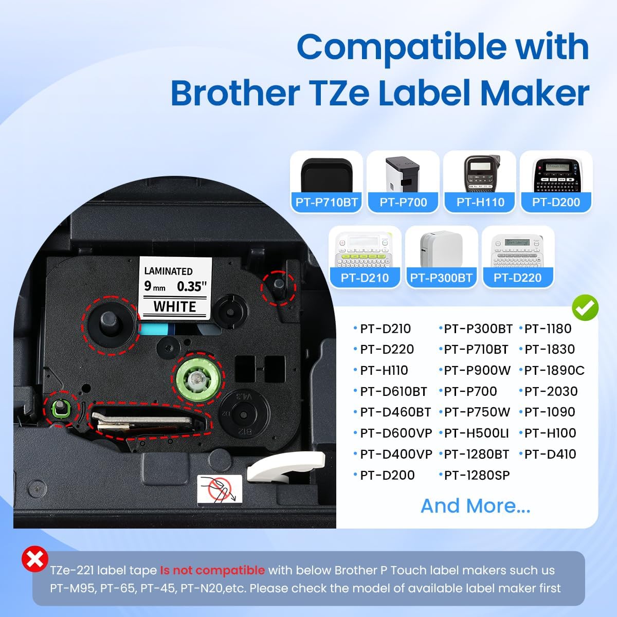TZe-221 TZe221 TZ Tape 9mm 0.35 Laminated White Compatible with Brother P Touch Label Tape 9mm .35 TZe Label Maker Tape 3/8 for Brother Ptouch PT-D210 PTD220 PT-D200 PT-H110 PTD400, 5-Pack - Image 2
