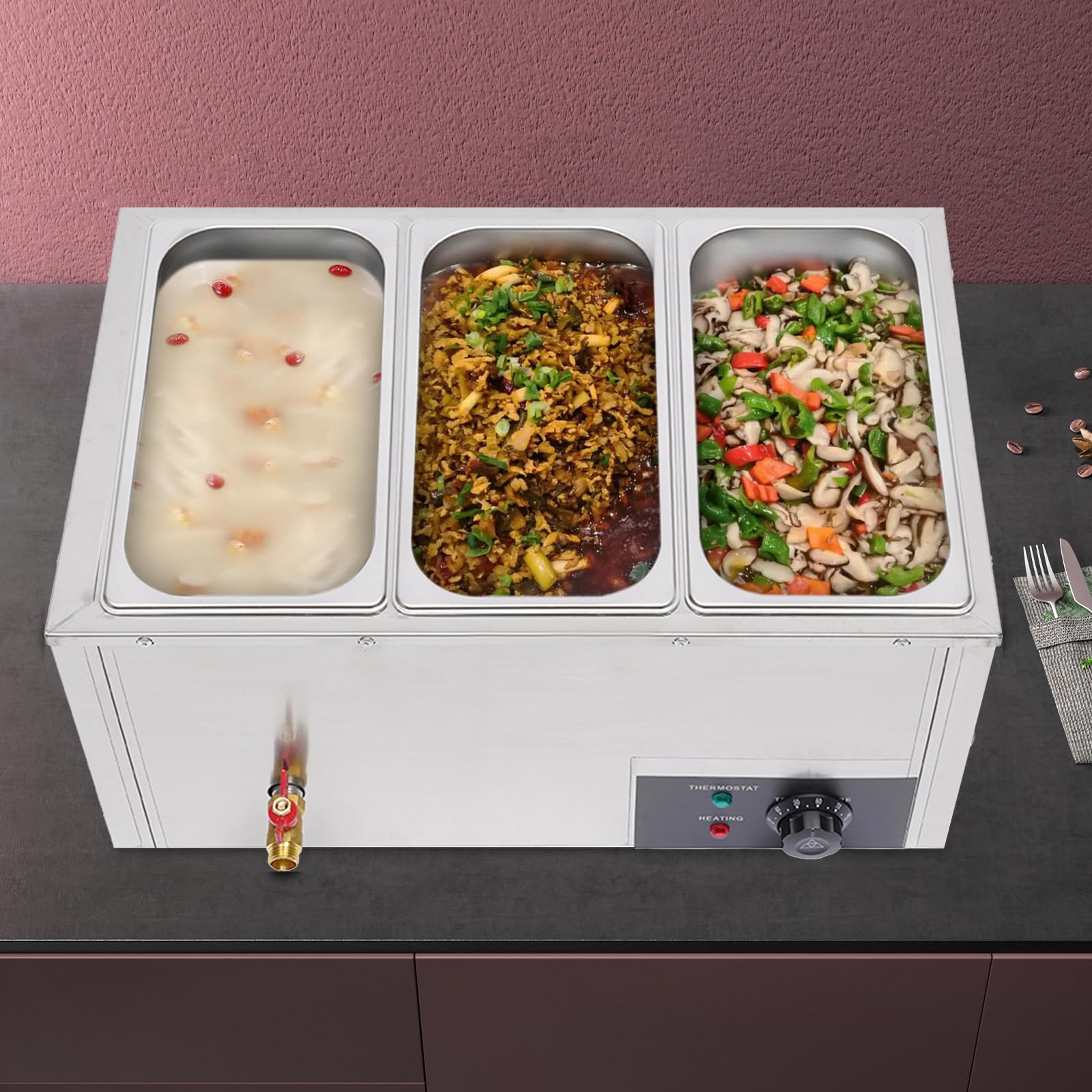 Buffet Thermos Food Tray Utilizzato nei ristoranti fast Shops Temperatura regolabile Riscaldamento a cubo Tubo di riscaldamento ad arco Pannello di controllo intelligente Buon isolamento Materiali di