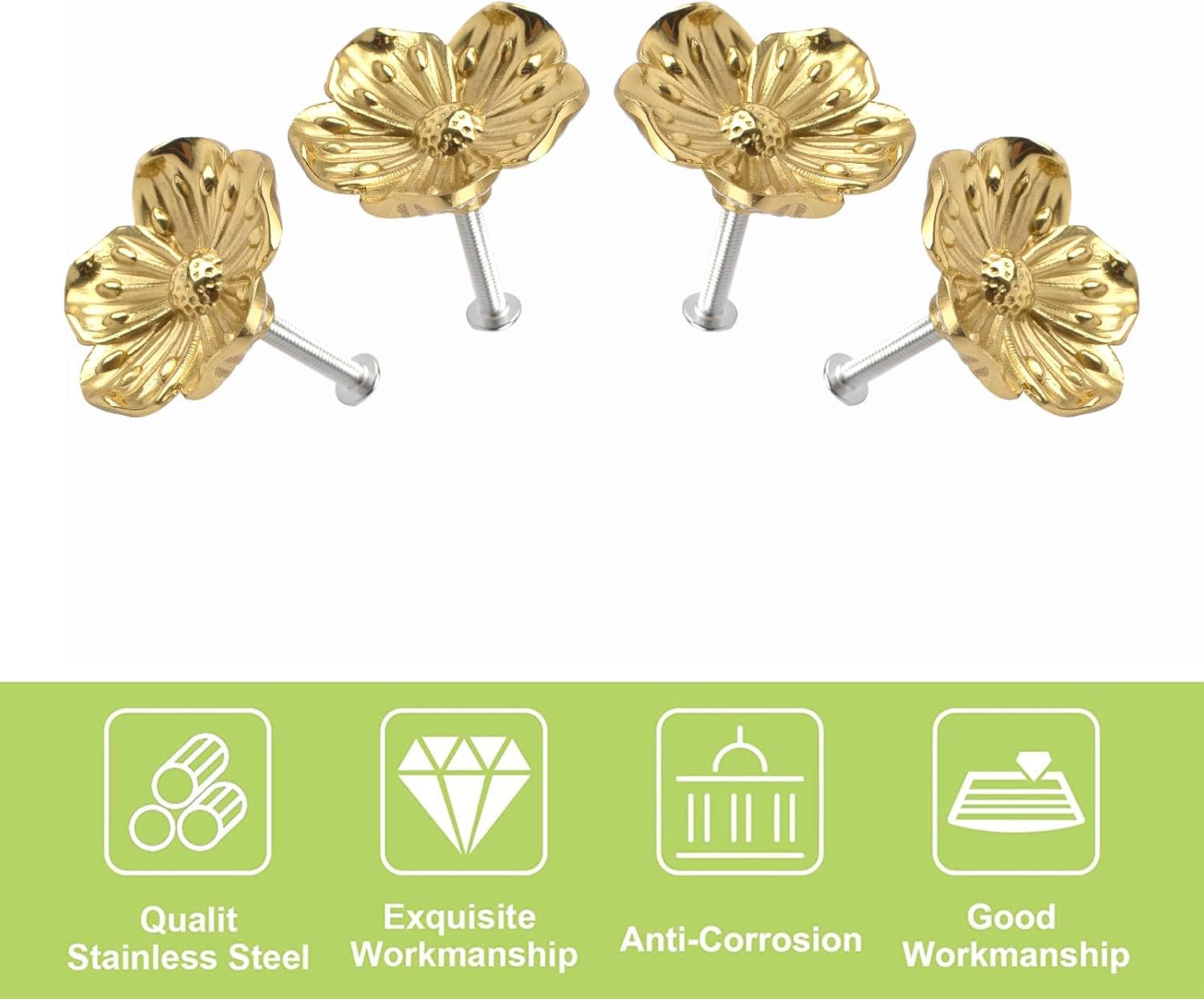 Cabinet Knobs, 4Pcs Decorative Golden Flower Shape Knob Brass Cabinet Pull Handles Single Hole Drawer Knobs with Screws for Dresser Drawer Cupboard Wardrobe, Fit 20mm/0.78" Thick Boards