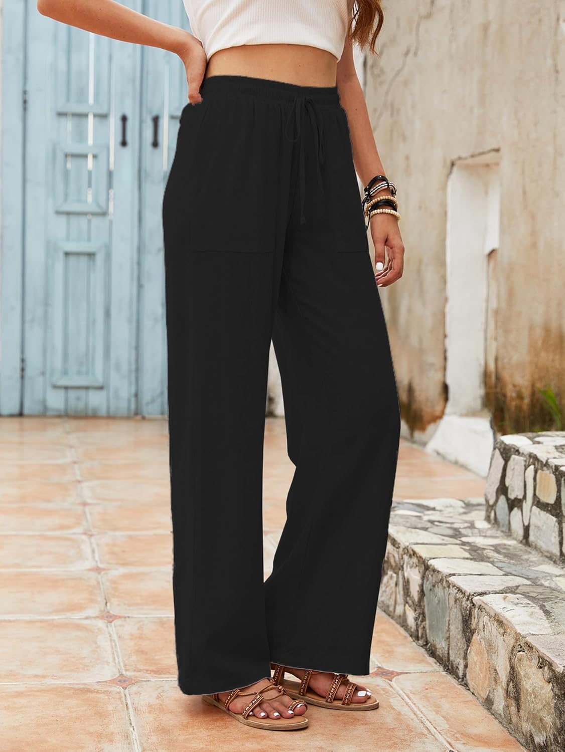 Beautiful Nomad Women's Linen Pants High Waisted Straight Pant Casual Flowy Wide Leg Drawstring Trousers with Pockets - Image 4