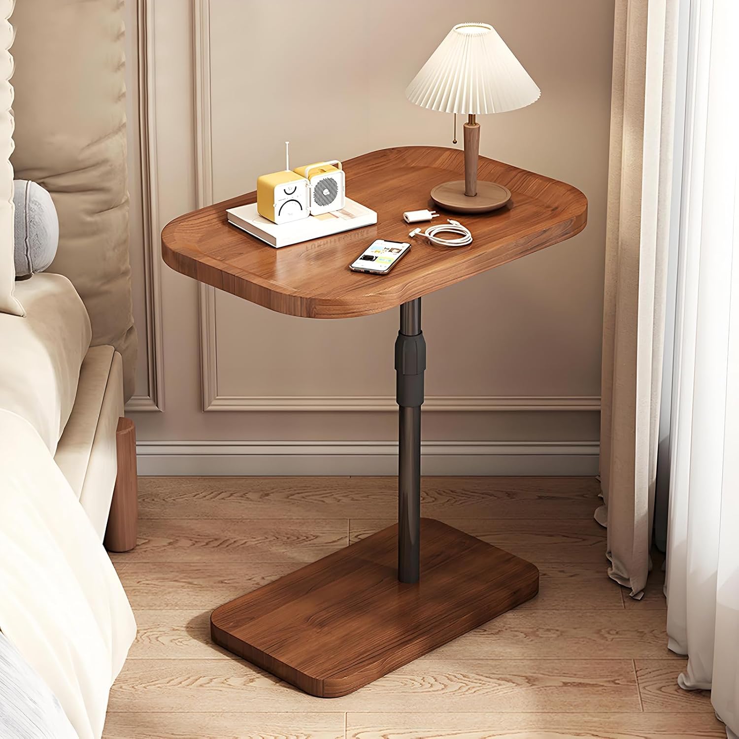 C-Shaped End Table 2-Tier Sofa Side Table with Shelves Side Storage Bag Adjustable Height Side Table for Couch