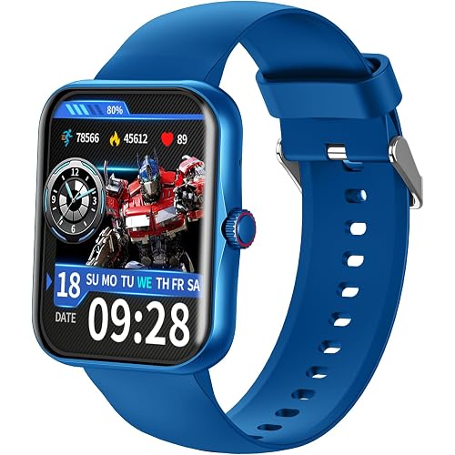 Transformers Fitness Tracker Smartwatch, Smartwatch for Kids Men Women, 1.83-inch HD IP68, Supports Voice Calls, Sleep Calories Sports Mode, Pedometer Bluetooth-Music Message Notifications (Blue)