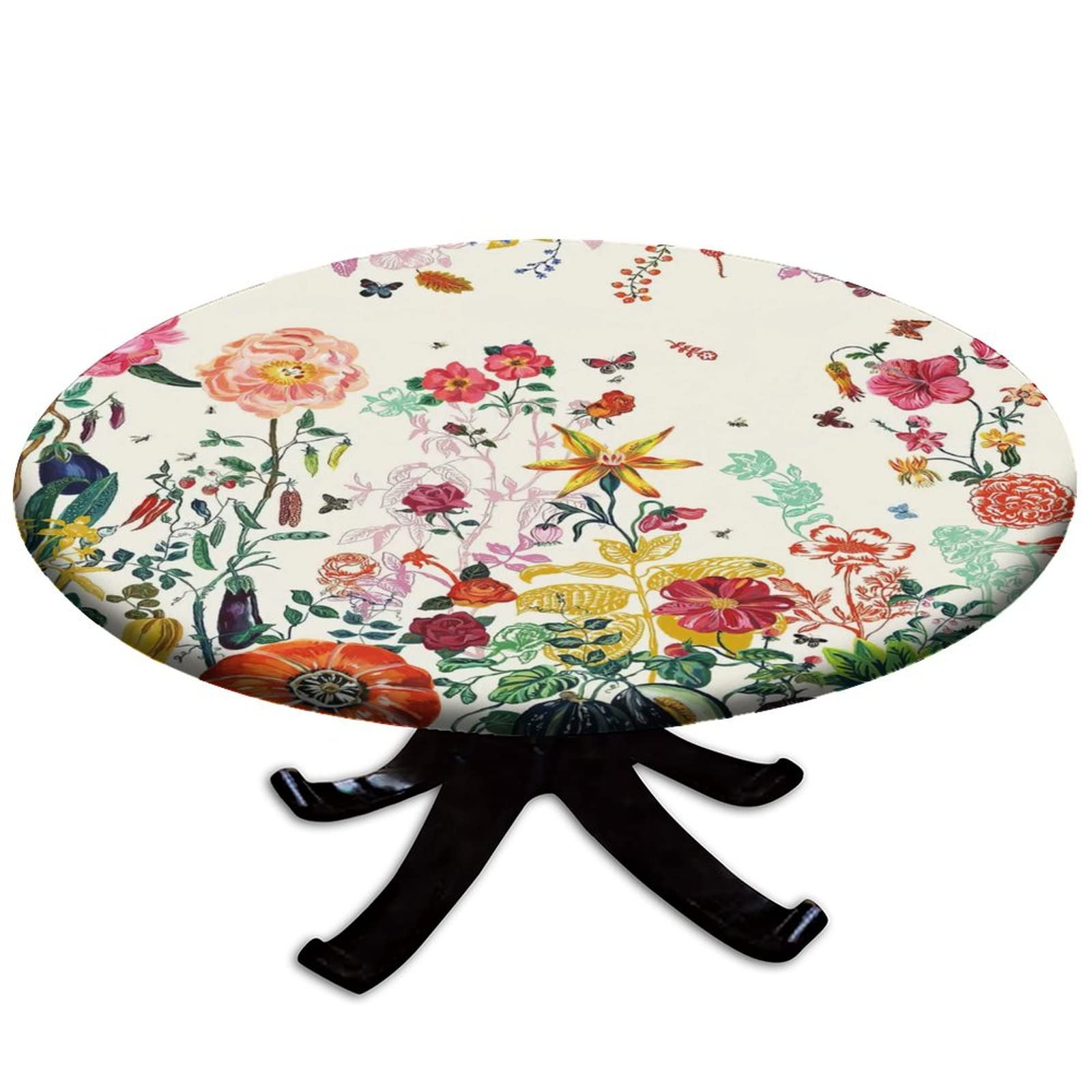 SCGOLD Summer Colorful Flowers and Butterflies Flying Elastic Fitted Round Tablecloths, Waterproof Wipe Clean Polyester Table Cloths, for Outdoor Patio Indoor Kitchen Dining Party, Fit 28''