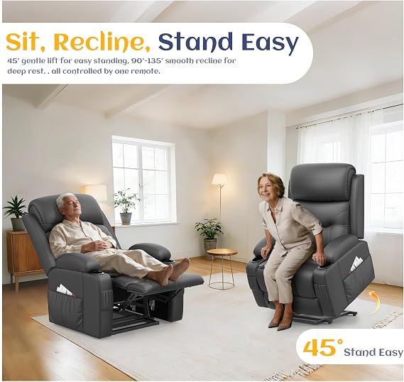Lift Chair For the Elderly, Recliner Armchair with Massage and Heat Rise Recliner Chair for Living Room Lounge Sofa Chair with 4 Side Pockets 2 Drink Holders Type C+USB Ports