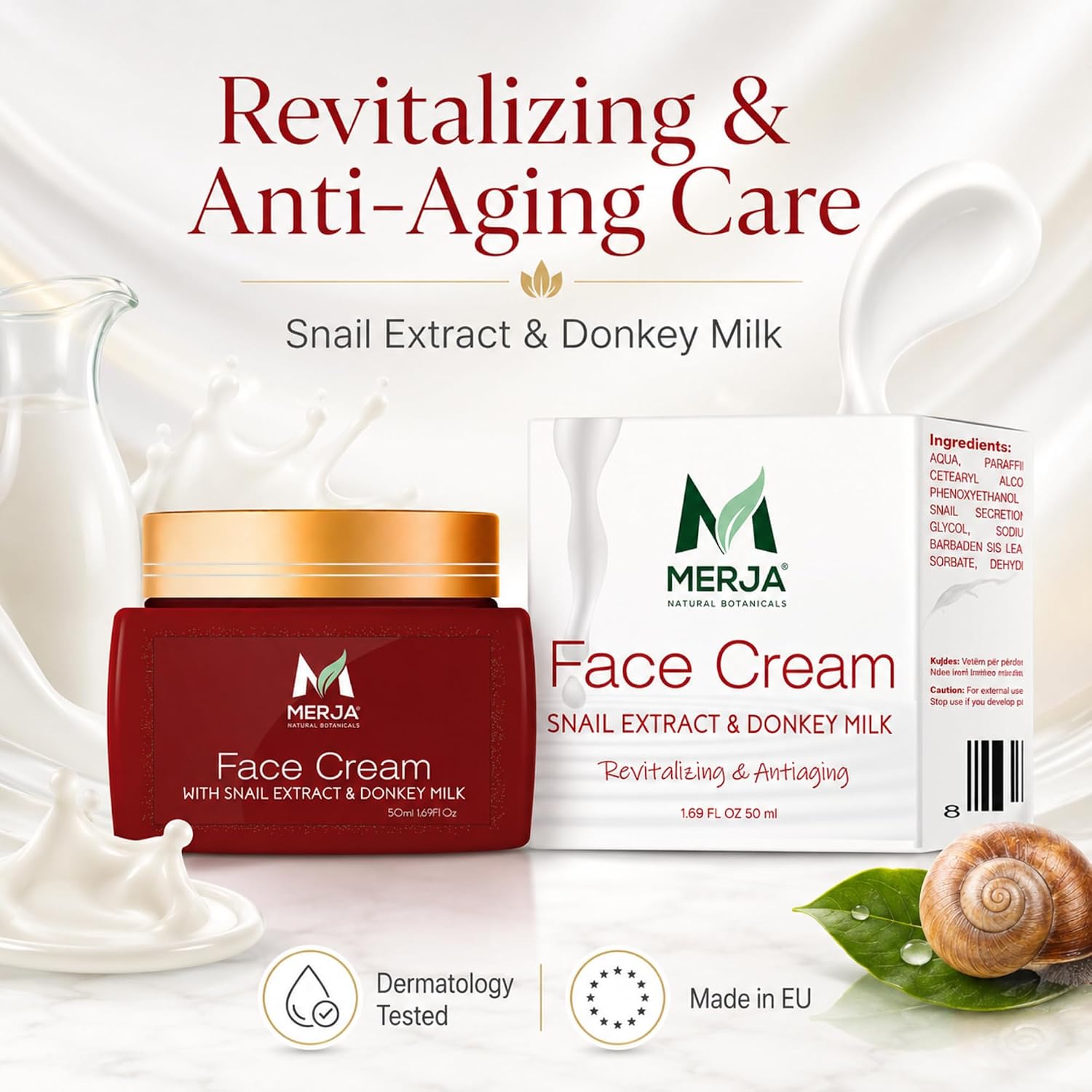 Merja Herbs Anti-aging Face Cream with Donkey Milk and Snail Extract, Aloe & Collagen - Day and Night - Tone refining cream - Enhances Skin Tone & Elasticity - Fragrance free - 50ml 1.7oz, Pack of 1