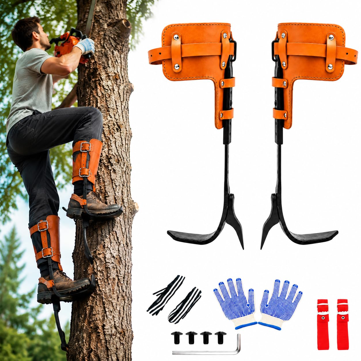 Crampons d'escalade d'arbre, équipement d'escalade d'arbre, hauteur réglable et avec lanières en cuir de vachette, chaussures d'escalade d'arbre, ensemble de crampons antidérapants pour