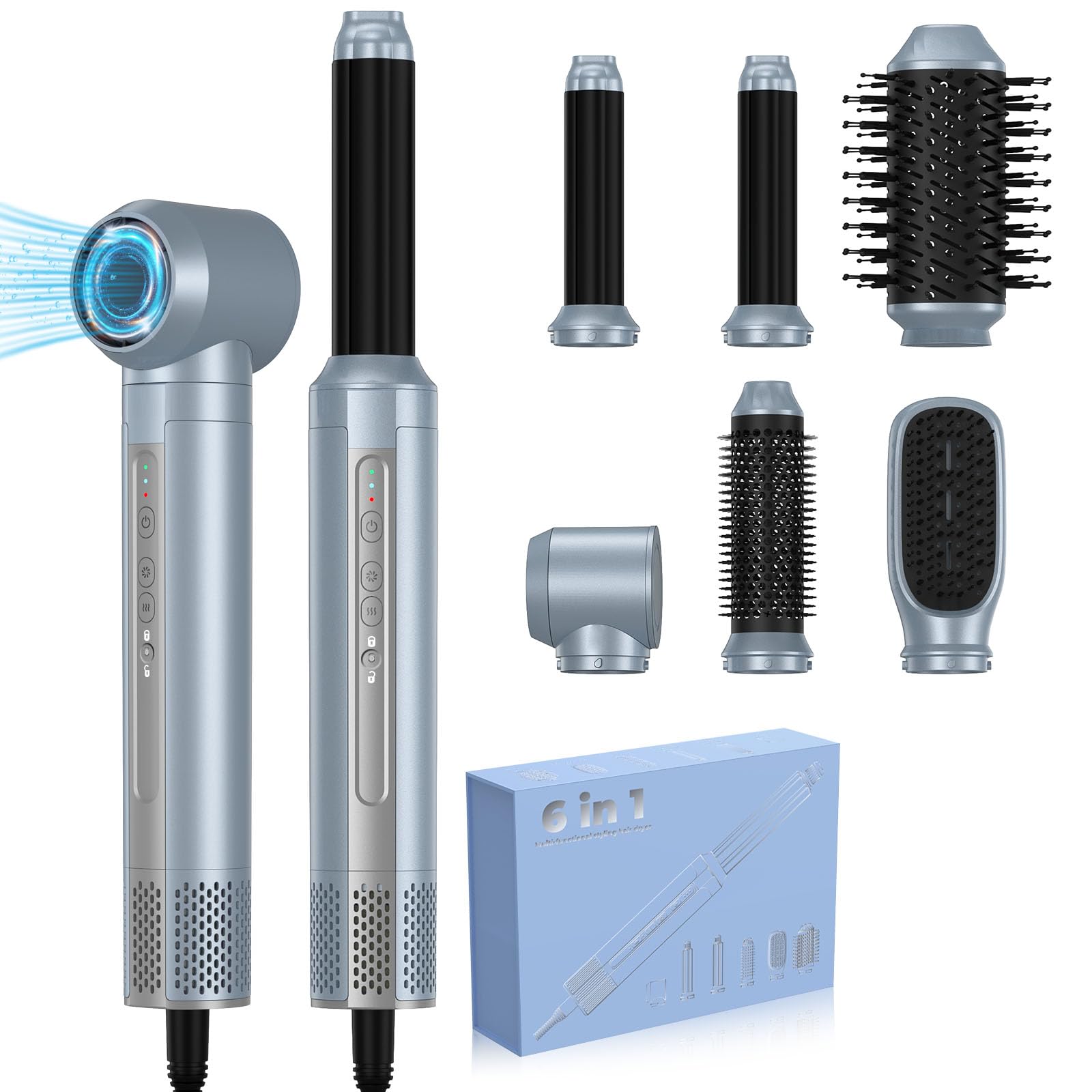 Airstyler 7 in 1,1400w Föhn mit Diffusor Haartrockner mit 3 Temperatur, Multi Hairstyler Set, 30mm Air Lockenstab,Stylingbürsten für Trocknen, Locken,Glätten,Styling,110000 RPM Motor Schnell Trocknen