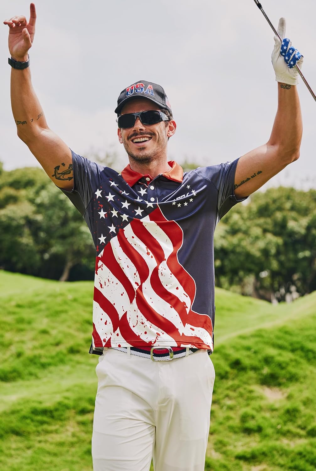 Mainfini Men's Short Sleeve Golf Shirts UPF 50+ Raglan Patriotic American Graphic Polo Shirt (S-3XL)