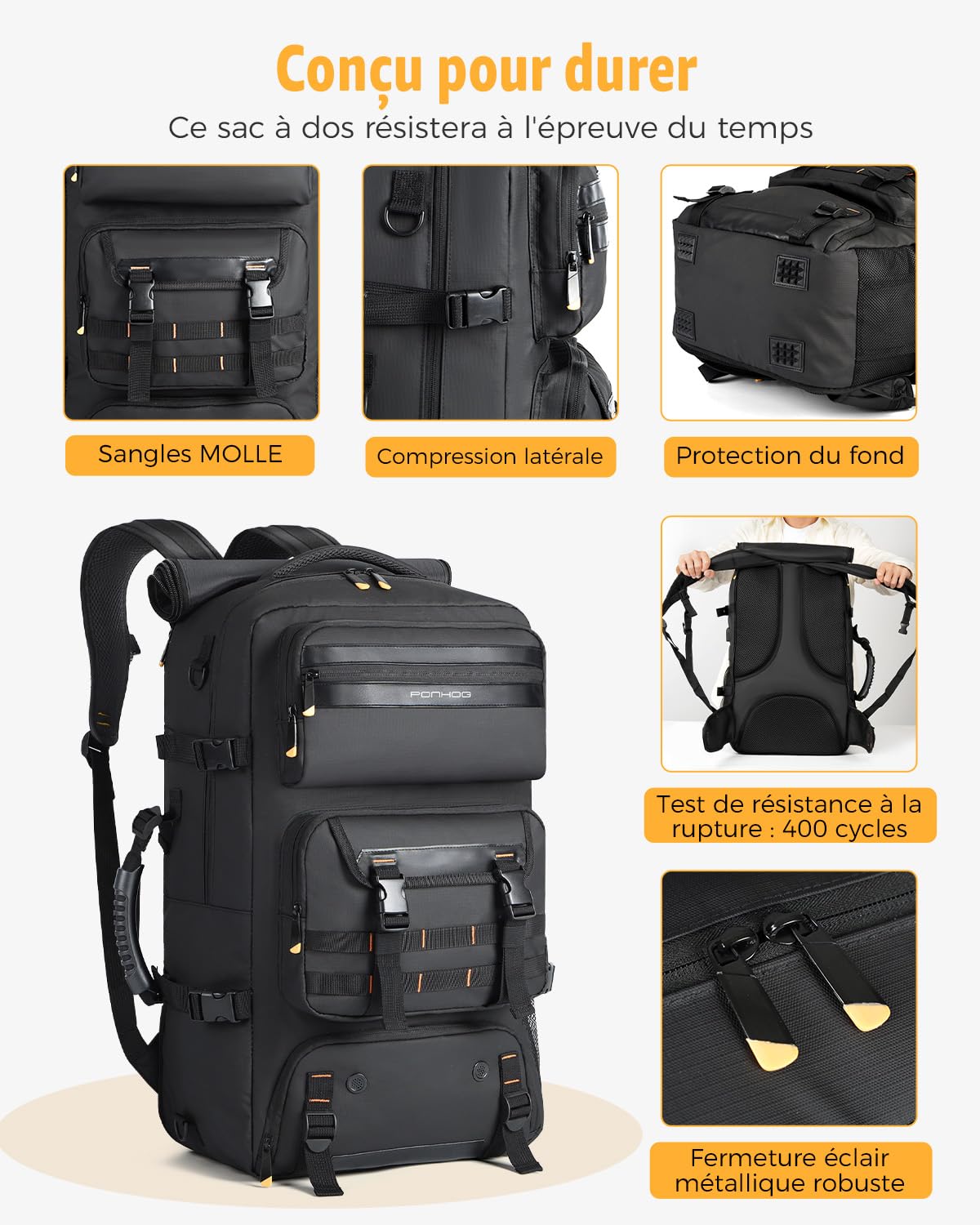 Ponhog Travel Backpack for Men - 50L Convertible Duffle Bag with Shoe Compartment, Carry On Laptop Backpack with USB Charging Port, Hiking Backpack Gym Daypack Water Resistant Rucksack