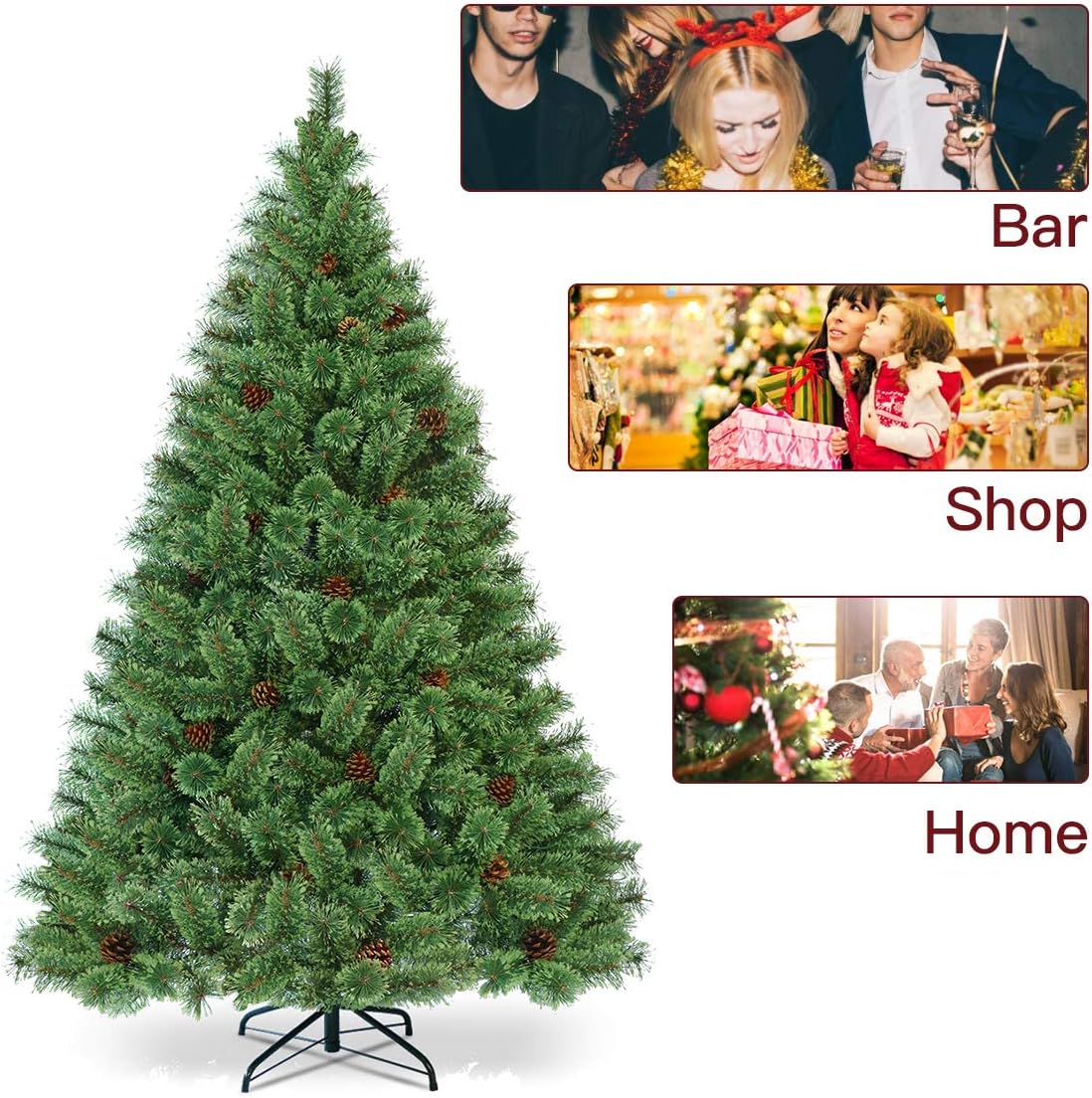 Goplus 6FT Prelit Christmas Tree, Flowering Hinged Artificial Pine Full Tree with 260 Warm White LED Lights, 484 Branch Tips, 49 Pine Cones, Metal Stand, for Xmas Indoor Decor