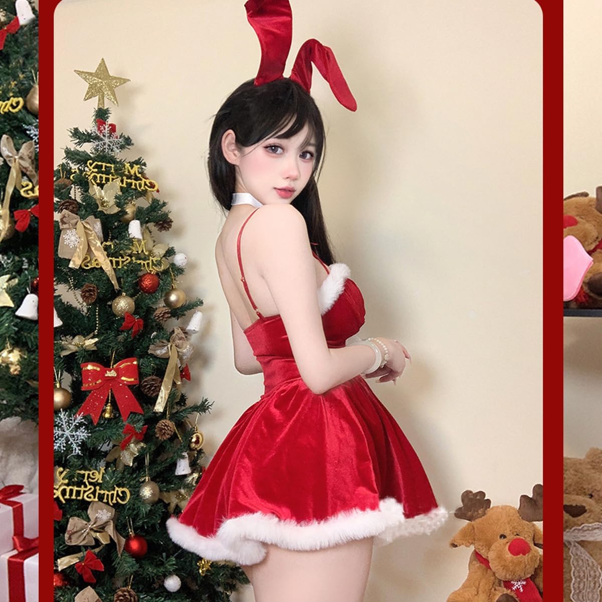 Sexy Christmas Lingerie Red Bunny Cosplay Santa Babydoll Mrs Claus Costume For Women