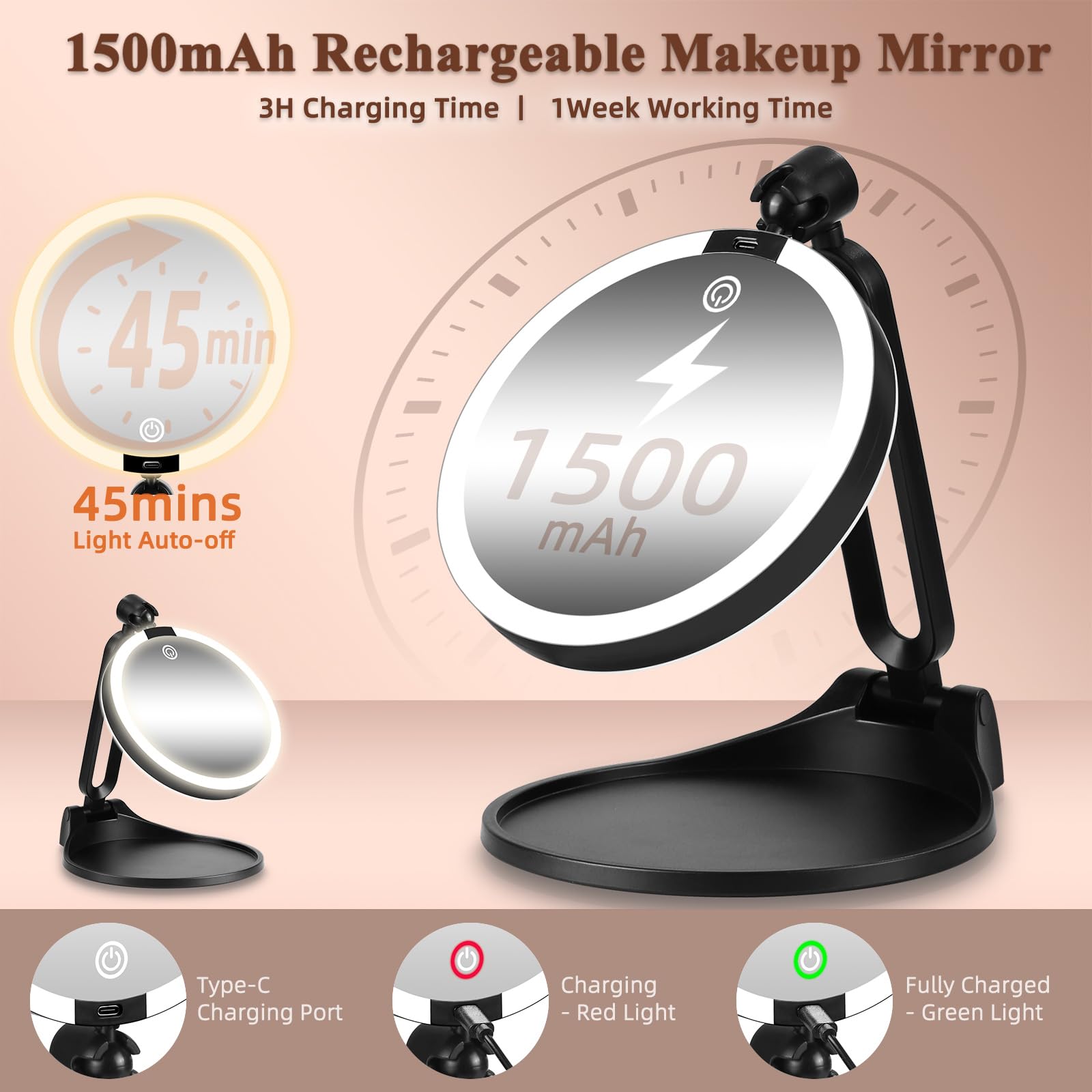 Espejo de maquillaje de viaje con luces, espejos de tocador iluminados portátiles de 6 pulgadas para escritorio/viajes, espejo LED de atenuación de doble cara 1X+30X con soporte plegable ajustable