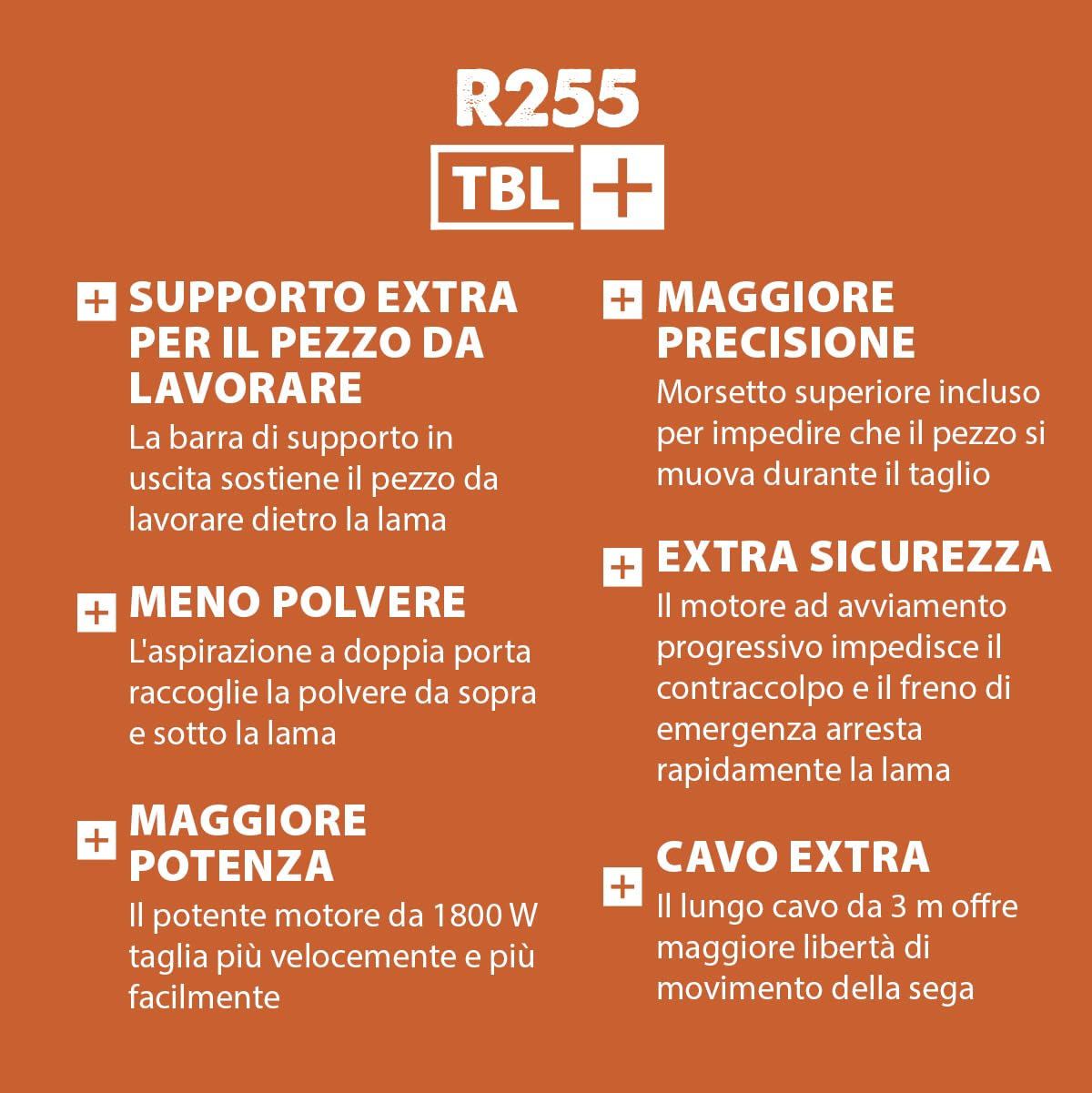 Evolution Power Tools R255TBL+ Sega Da Banco (La Prossima Generazione Rage 5-S) Lama Da Taglio Multimateriale Inclusa Taglia Legno Metallo Plastica, Smusso A 45°, Angolo Obliquo +/- 60°, 1800w