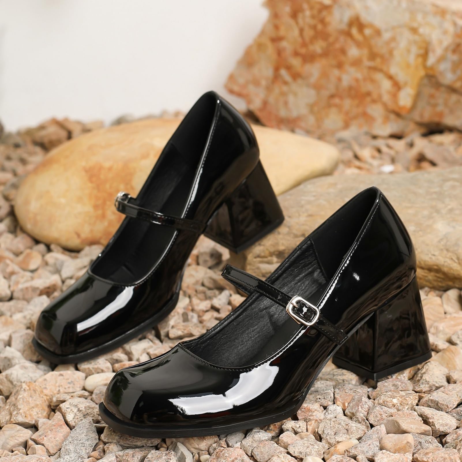 ANUFER Mujer Punta Cuadrada Zapatos de Salón Mary Jane 6,5 cm Tacón Grueso Oficina Zapatos de Salón