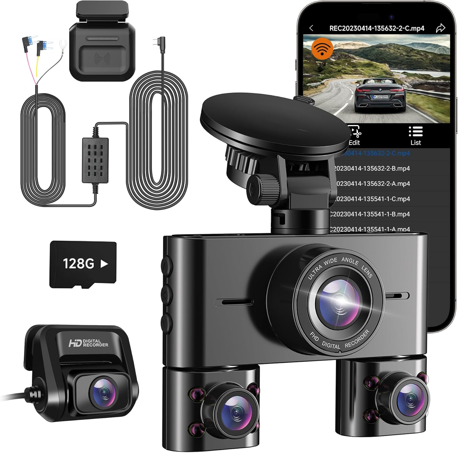 HUPEJOS ドライブレコーダー 360度 4カメラ で全方位保護 ミリ波レーダー付き 128容量カード付き Wi-Fi 3.16インチ小型 ドラレコ 駐車監視 動体検知 全国LED信号機対策 フルHD 前後カメラ 200万画素 録画 上書き録画 緊急録画 暗視機能 Gセンサー 日本語取扱説明書 超広角150度 APP連動 (V7)