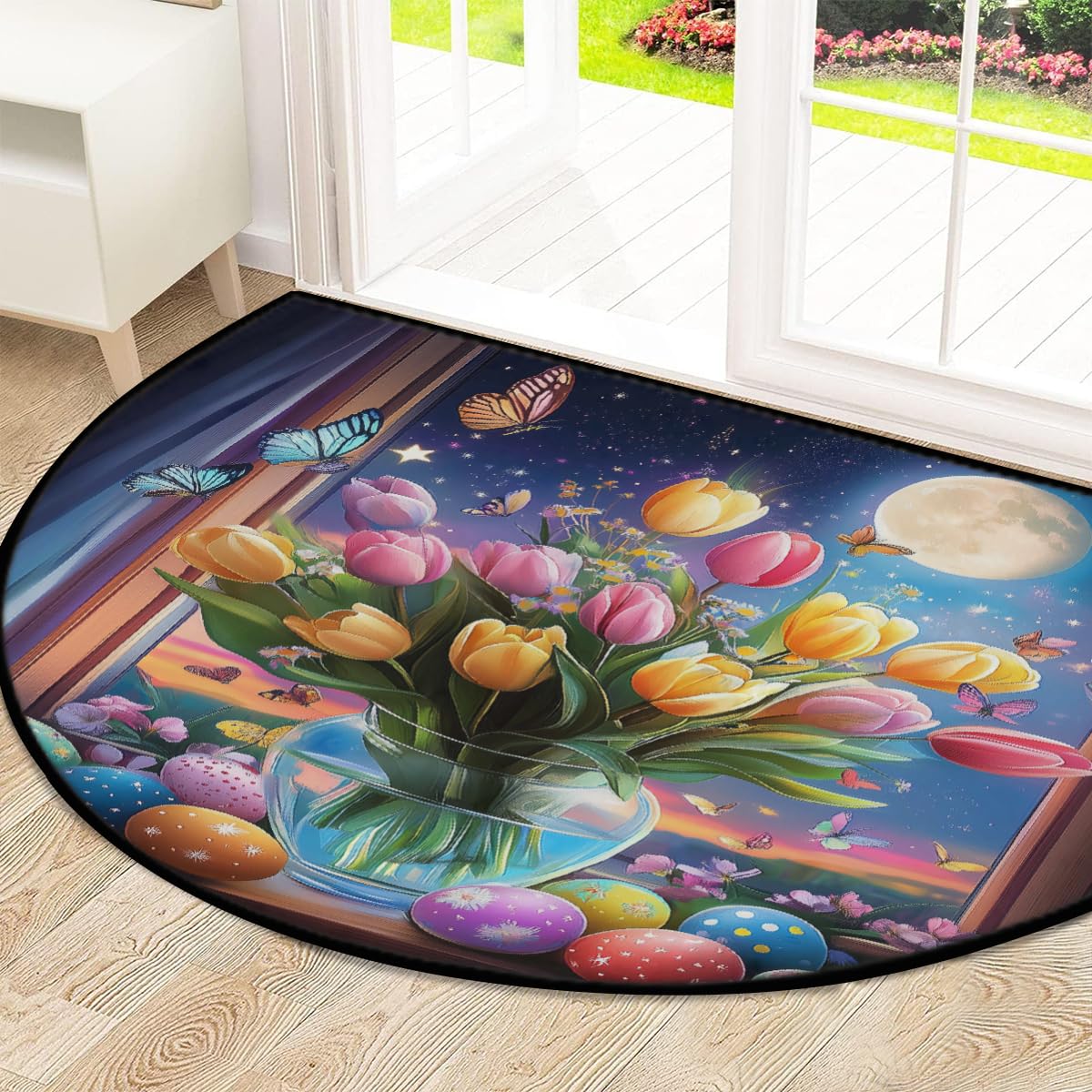Mexpekil Paillasson demi-rond pour intérieur et extérieur - Motif œufs colorés, tulipes et lune - Demi cercle - Absorbant la saleté - 100 x 160 cm
