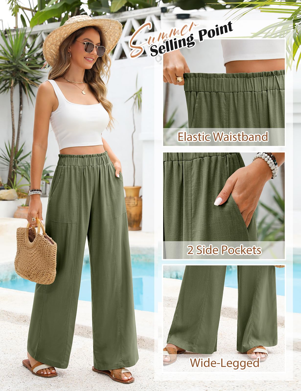Niwicee Pantalon Fluide Femme Été Pantalon Lin Taille Haute Elastique Pantacourt Jambes Larges Ample Décontractée Palazzo Élégant Pants Solide Coupe Droite Pants avec Poches