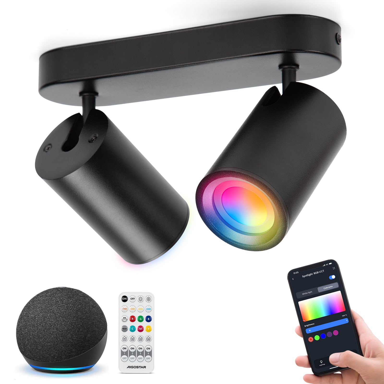 Aigostar Lámpara de Techo GU10 2 Focos Compatible con Alexa Bluetooth Mesh, Plafón de Techo LED Inteligente, Regulable Colores y 2700-6500K, Apliques Interior para Salas Pasillos con Control Remoto