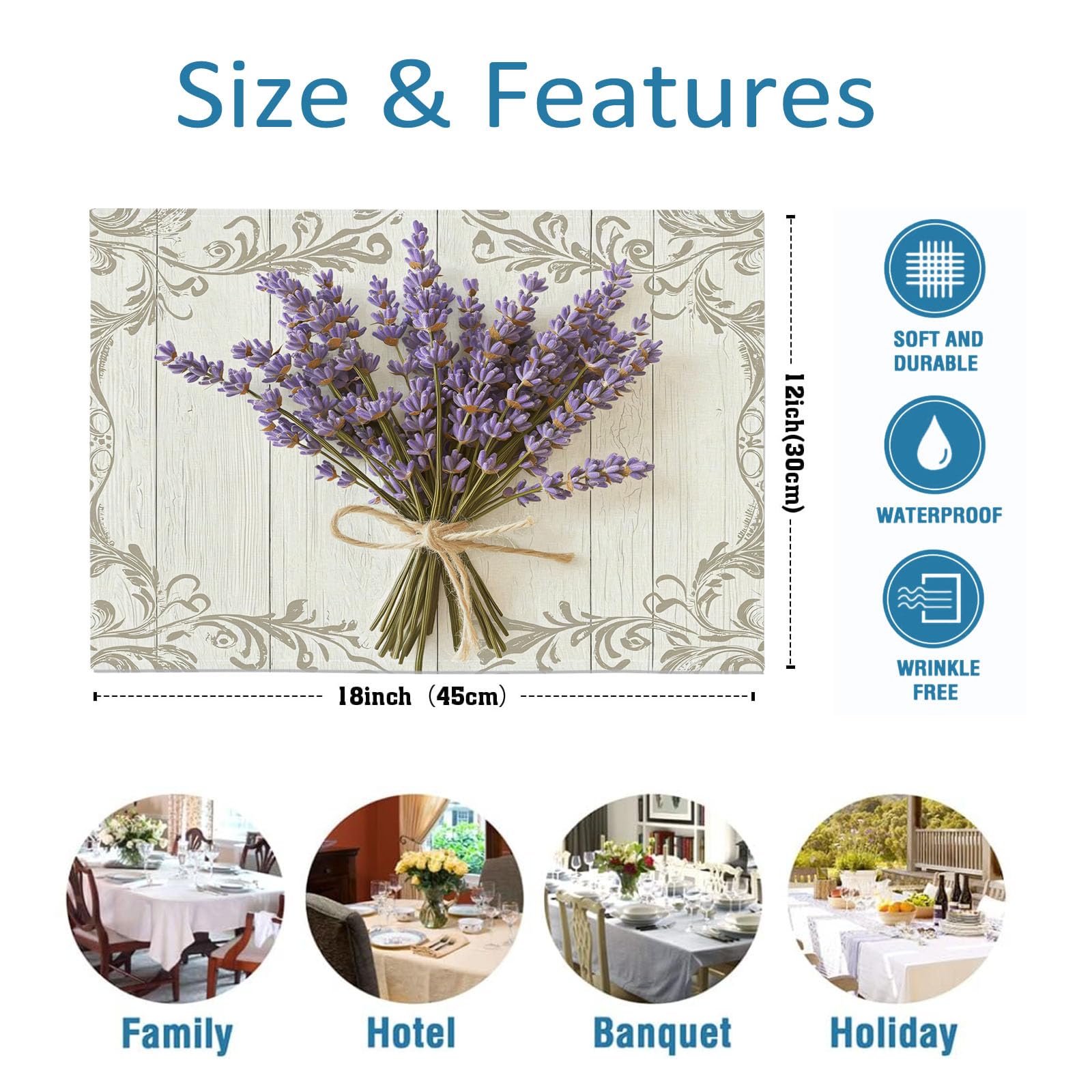 Set di 8 Colazione Stoffa 30x45cm, Bouquet Di Lavanda Cotone e lino Tovagliette Americane Lavabili, Tovagliette Retro Venature Del Legno per Primavera Vacanze Cucina Feste, Pasqua