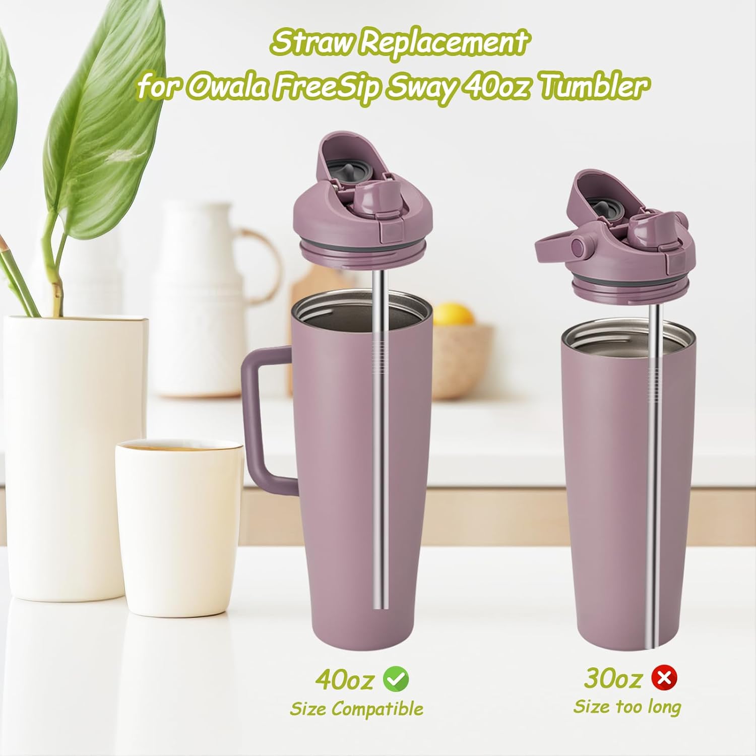 6Pcs Metal Straw Replacement Compatible With Owala FreeSip Tumbler 40oz, With 2 Straw Cleaner, Reusable Stainless Steel Straws for Owala - Image 2