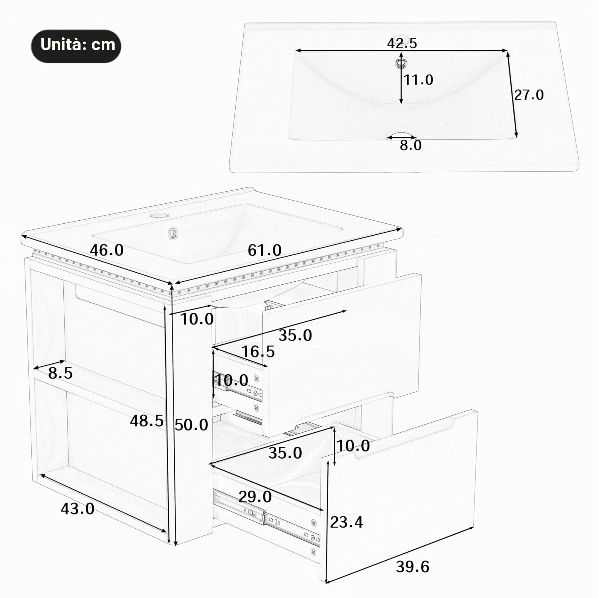 armadio da bagno sospeso a parete, 60 x 46 x 48,5 cm, illuminazione a LED con sensore radar, due cassetti, guide scorrevoli silenziose, lavabo integrato, bianco
