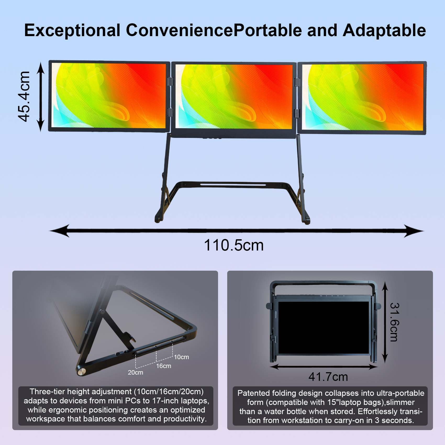 VSDISPLAY 15,6" 1080P Extension d'écran Triple pour Ordinateur Portable | FHD IPS Quad Monitor pour Windows/Mac de 13,6 à 17 Pouces,Support stable , alliage d'aluminium, interface USB-C et H/D