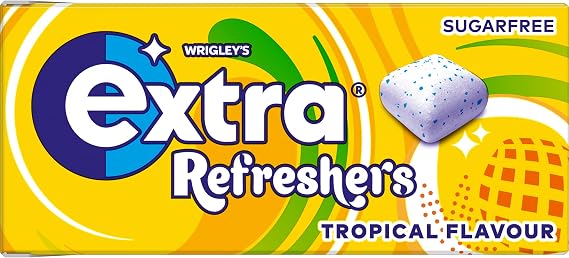 Wrigley's Extra Refreshers Chewing Gum, Tropical Flavour, 16 Packs of 7 Pieces, Sugar Free Chewing Gum Bulk Pack with Xylitol, Handy Box (112 pieces)