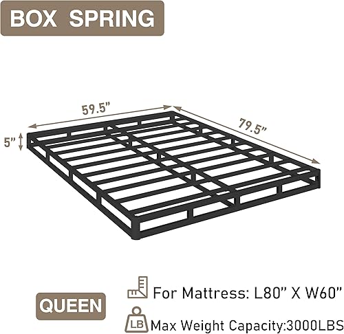 Miniatura 2 de Base de colchón de 5 pulgadas tamaño Queen de metal resistente, capacidad de peso de 3000 libras, base de cama de perfil bajo sin ruido con cubierta