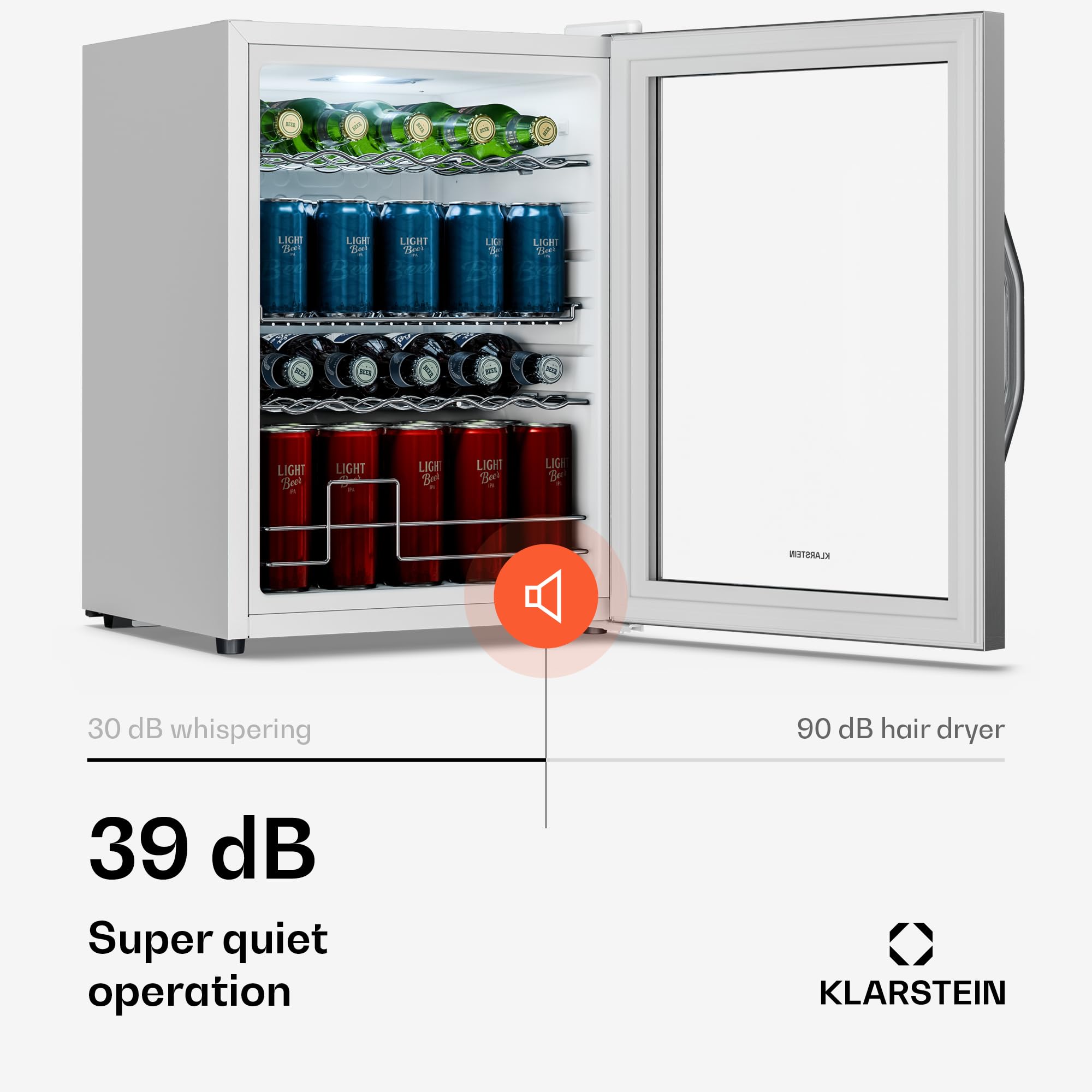 Klarstein Beersafe 60 L Mini Lodówka ze Szklanymi Drzwiami – Lodówka na Napoje, Biały | oświetlenie LED, wyjmowane metalowe półki, cicha, lodówka na piwo i napoje, puszki i butelki