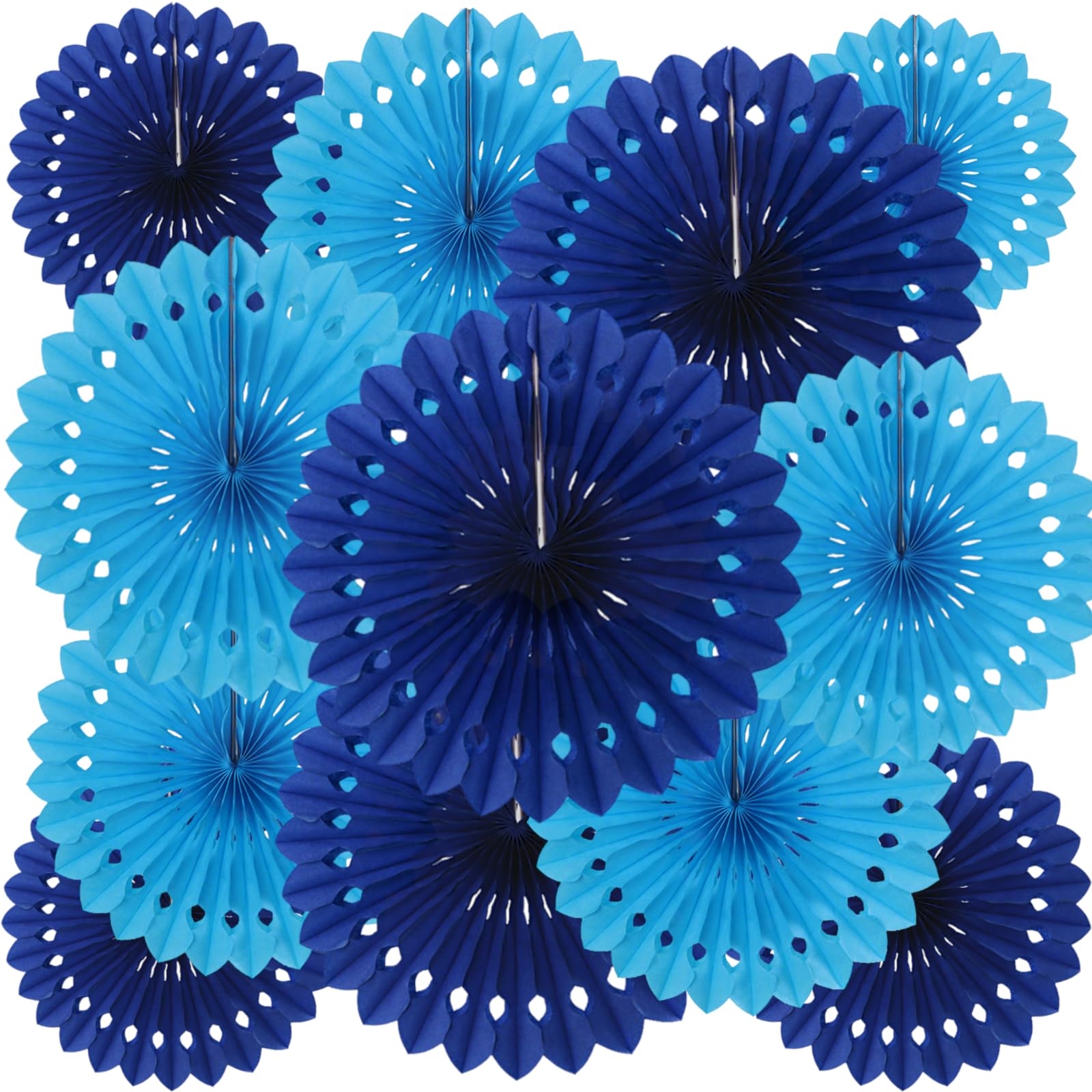 We Moment Zone 12 Pcs Blue Paper Fans Party Decorations,Blue Honeycomb Round Fans,Hanging Ceiling Paper Flowers for Birthday Wedding Bachelorette Party Backdrop Decorations